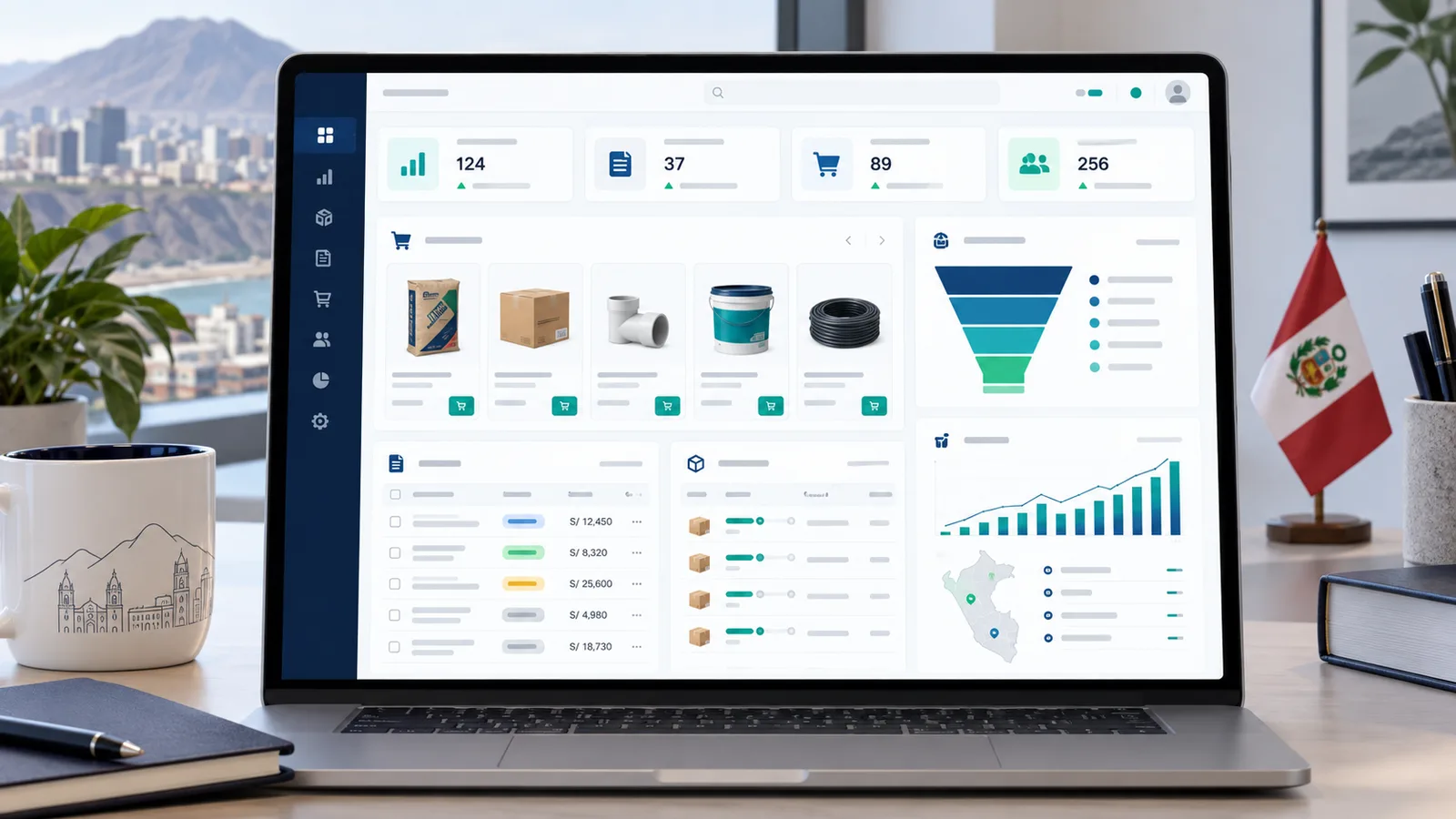 Panel comercial con catálogo, cotizaciones, pedidos y seguimiento